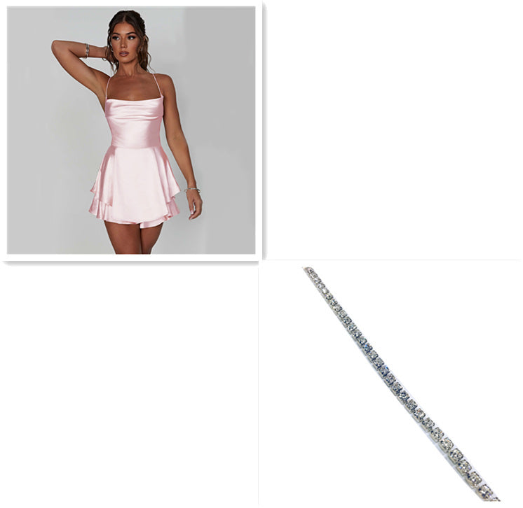 Robe Courte Élégante Femme – Satin, Dos Nu, Bretelles Fines et Lacée