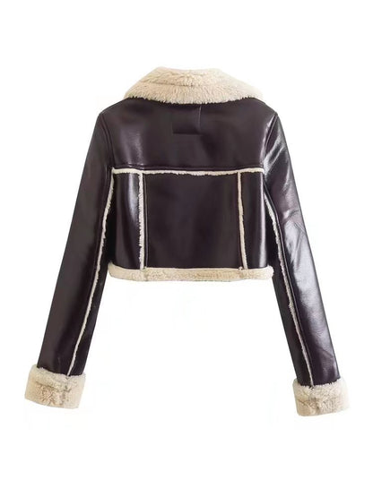 Veste Aviateur Femme Courte à Col Revers Doublée Fausse Fourrure