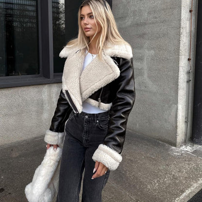 Veste Aviateur Femme Courte à Col Revers Doublée Fausse Fourrure