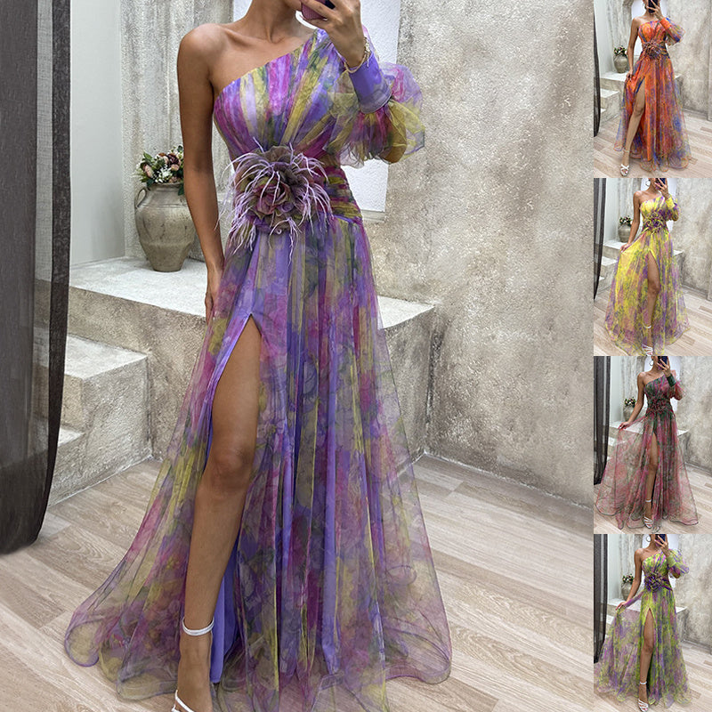 Robe Longue Asymétrique à Une Épaule avec Fente Élégante et Détails Plissés