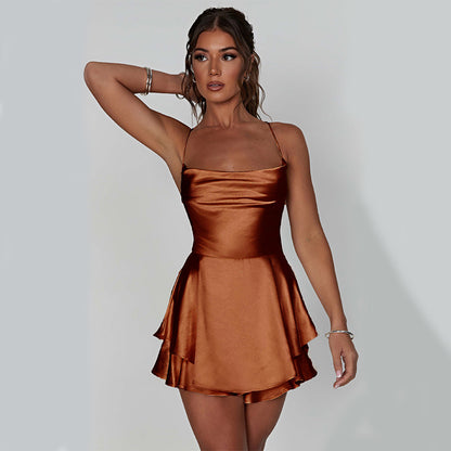 Robe Courte Élégante Femme – Satin, Dos Nu, Bretelles Fines et Lacée