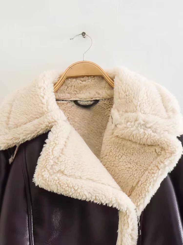 Veste Aviateur Femme Courte à Col Revers Doublée Fausse Fourrure
