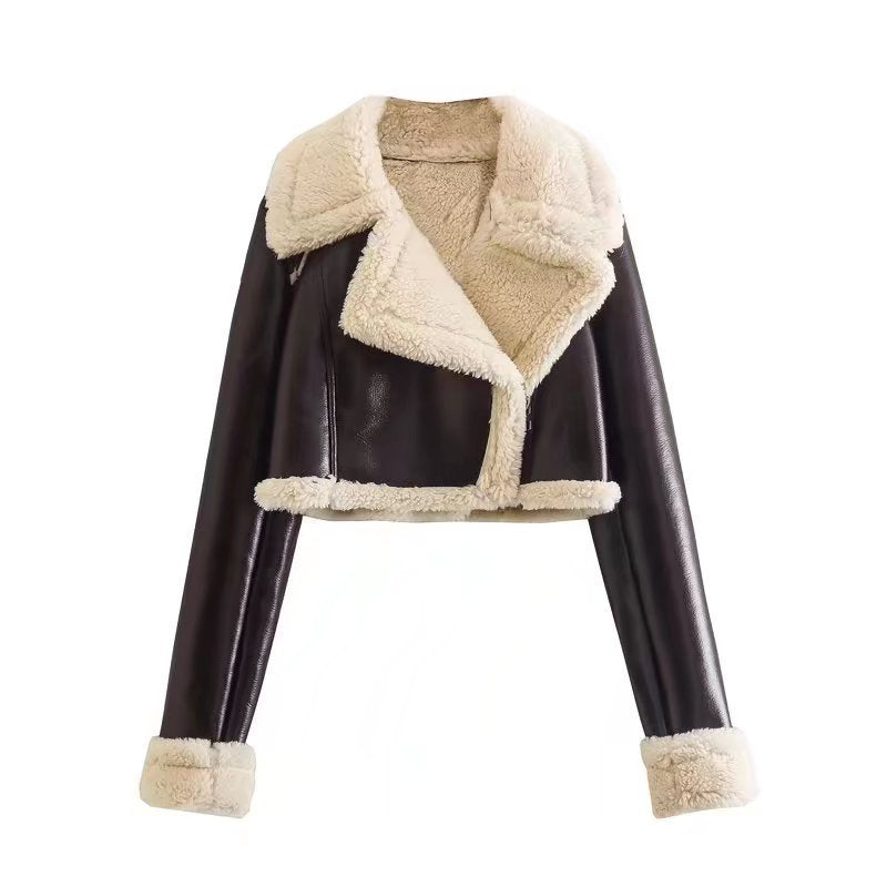 Veste Aviateur Femme Courte à Col Revers Doublée Fausse Fourrure