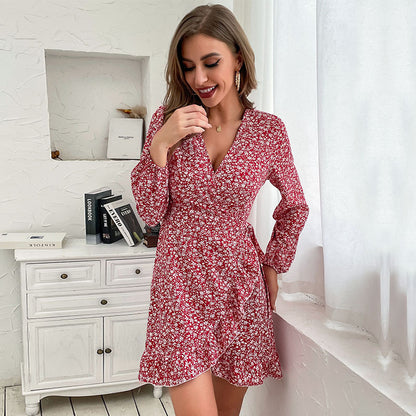 Robe Portefeuille à Imprimé Fleuri et Volants Féminins