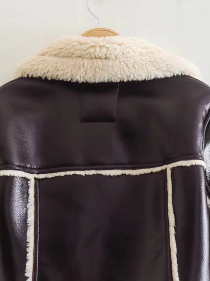 Veste Aviateur Femme Courte à Col Revers Doublée Fausse Fourrure
